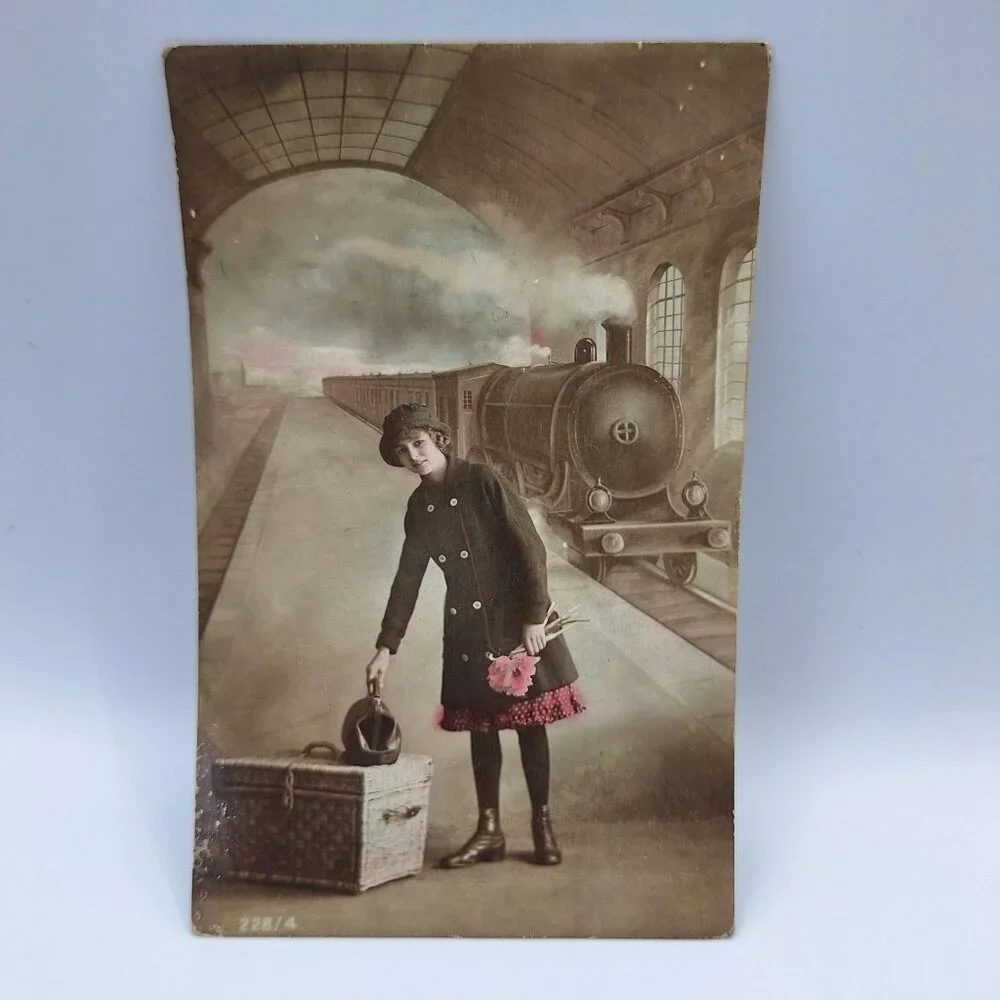 Antique Postcard Girl Suitcase Train Station 228/4 Early 1900s Sepia Tint Europe
